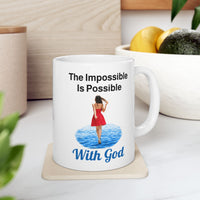 Inspired ceramic mug with “Impossible Woman” design, woman walking on water with message 