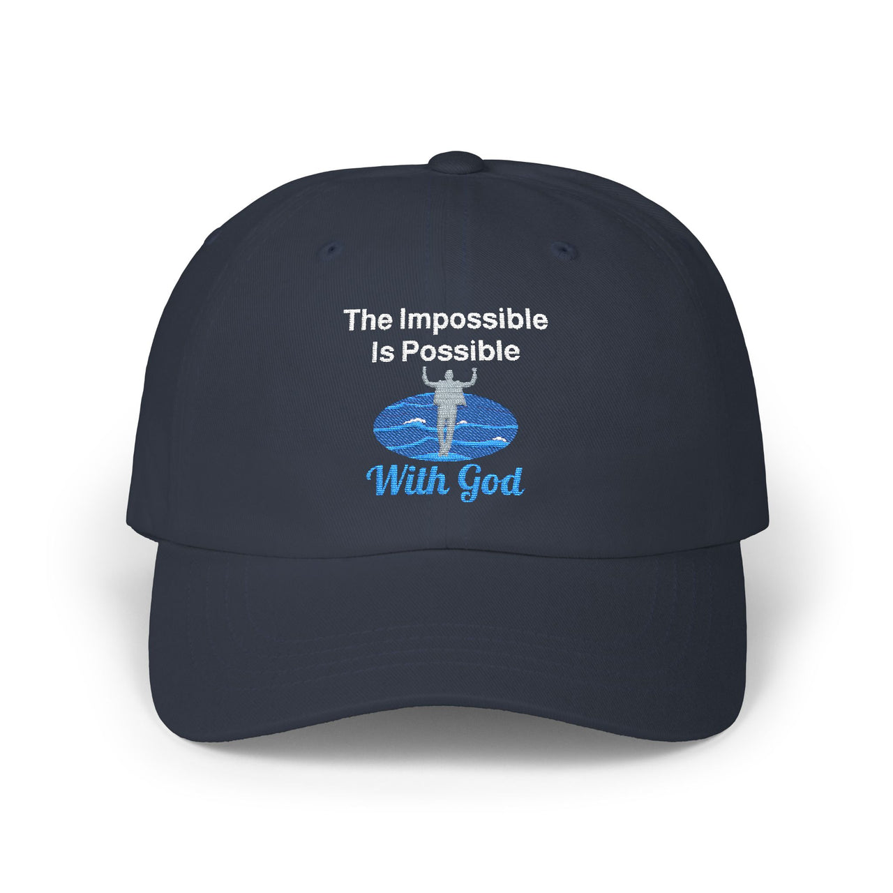 Classic cotton baseball cap with "Impossible Man" design, message “The Impossible Is Possible With God,” adjustable fit, spiritual hat for men walking in faith, navy cap