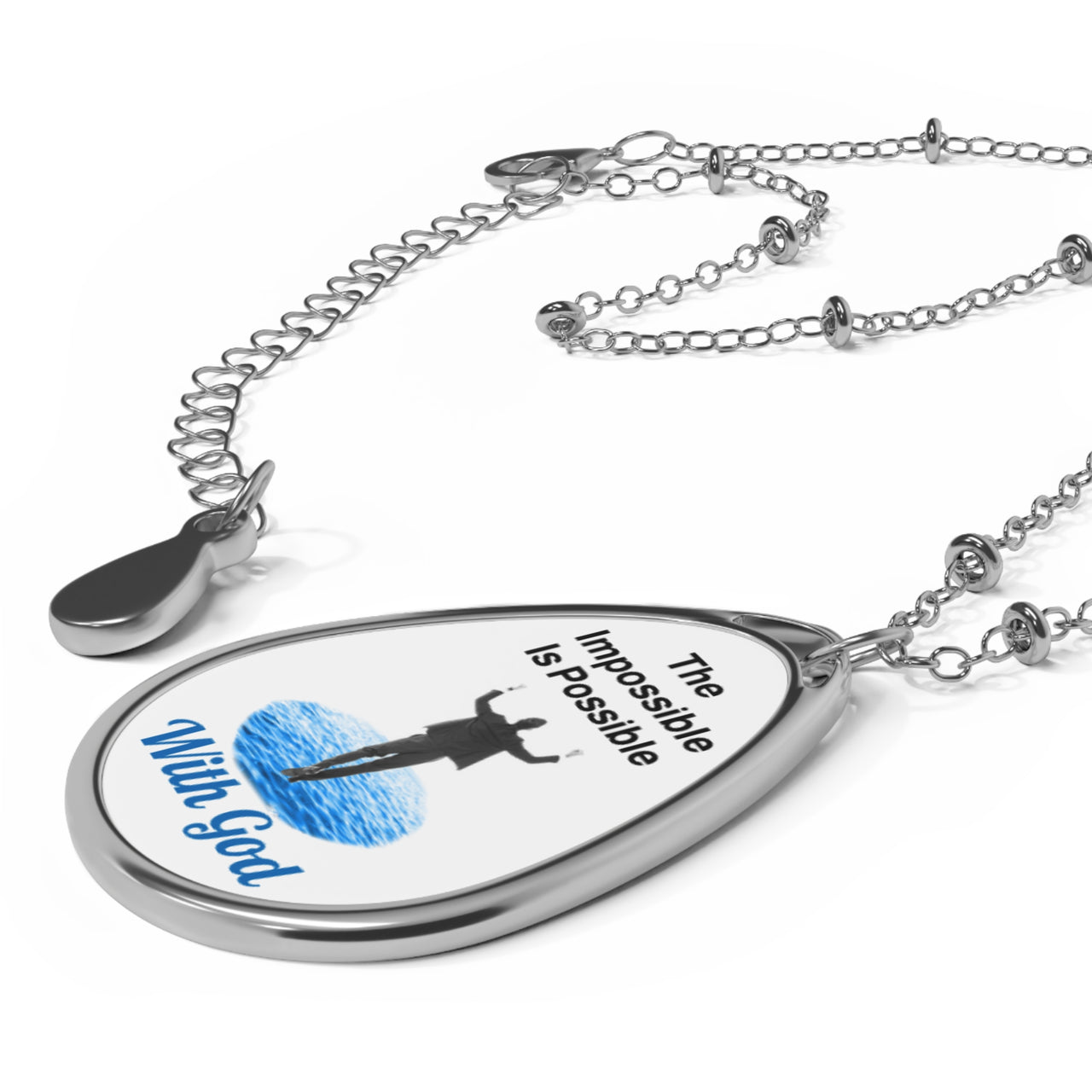 Inspirational oval pendant necklace with "Impossible Man" design, message “The Impossible Is Possible with God,” zinc alloy and white aluminum, spiritual jewelry for men walking in faith, white pendant with necklace