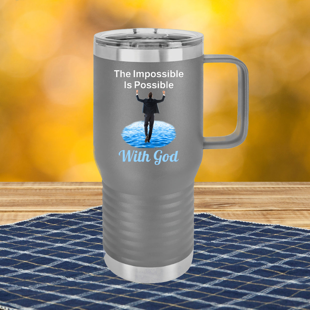 20oz motivational travel mug with “Impossible Man” design message "The Impossible Is Possible with God," faith-based tumbler for men, stainless steel, leak-proof, double-wall insulated, gray