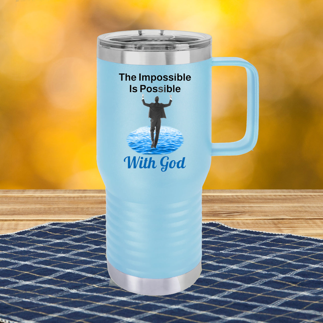 20oz motivational travel mug with “Impossible Man” design message "The Impossible Is Possible with God," faith-based tumbler for men, stainless steel, leak-proof, double-wall insulated, teal