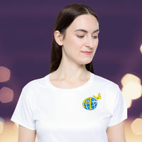 Women’s sport jersey with Anakainoo International logo, breathable moisture-wicking fabric with globe and butterfly design symbolizing spiritual transformation and renewal through intimacy with God, close-up of logo on white sports jersey