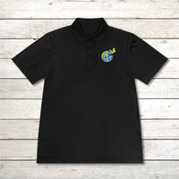 Men’s Sport-Tek polo shirt with Anakainoo International logo, moisture-wicking polyester with globe and butterfly design symbolizing spiritual renewal and transformation through intimacy with God, black polo shirt