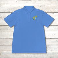 Men’s Sport-Tek polo shirt with Anakainoo International logo, moisture-wicking polyester with globe and butterfly design symbolizing spiritual renewal and transformation through intimacy with God, light-blue polo shirt
