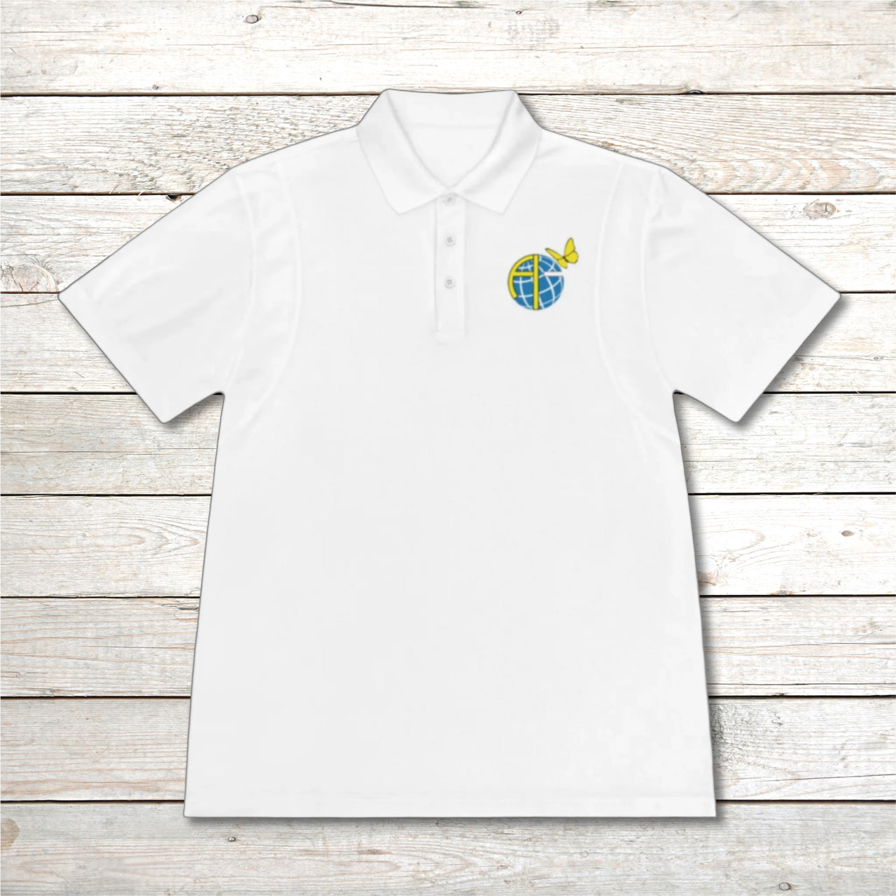 Men’s Sport-Tek polo shirt with Anakainoo International logo, moisture-wicking polyester with globe and butterfly design symbolizing spiritual renewal and transformation through intimacy with God, white polo shirt