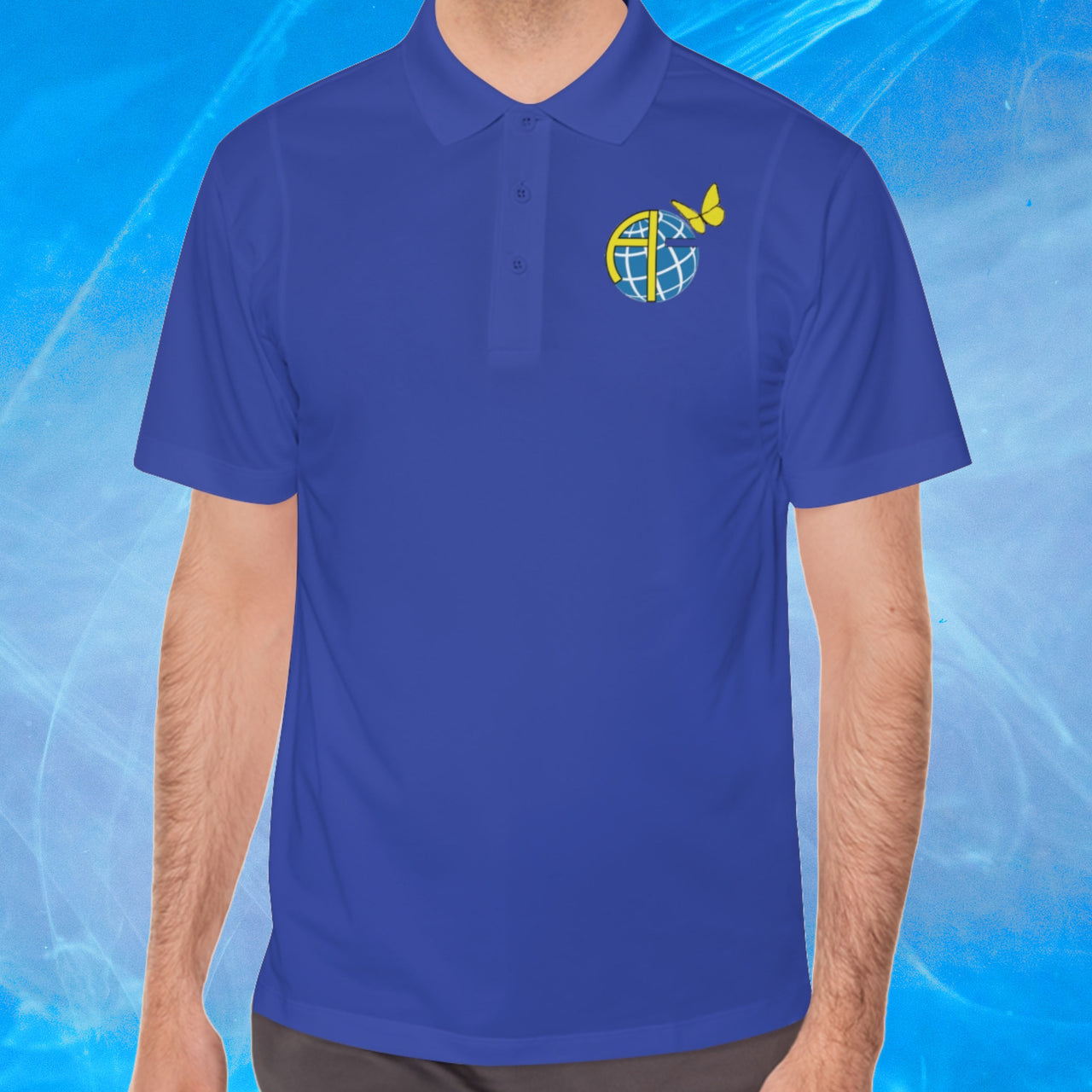 Men’s Sport-Tek polo shirt with Anakainoo International logo, moisture-wicking polyester with globe and butterfly design symbolizing spiritual renewal and transformation through intimacy with God, man wearing blue polo shirt