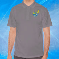 Men’s Sport-Tek polo shirt with Anakainoo International logo, moisture-wicking polyester with globe and butterfly design symbolizing spiritual renewal and transformation through intimacy with God, man wearing gray polo shirt