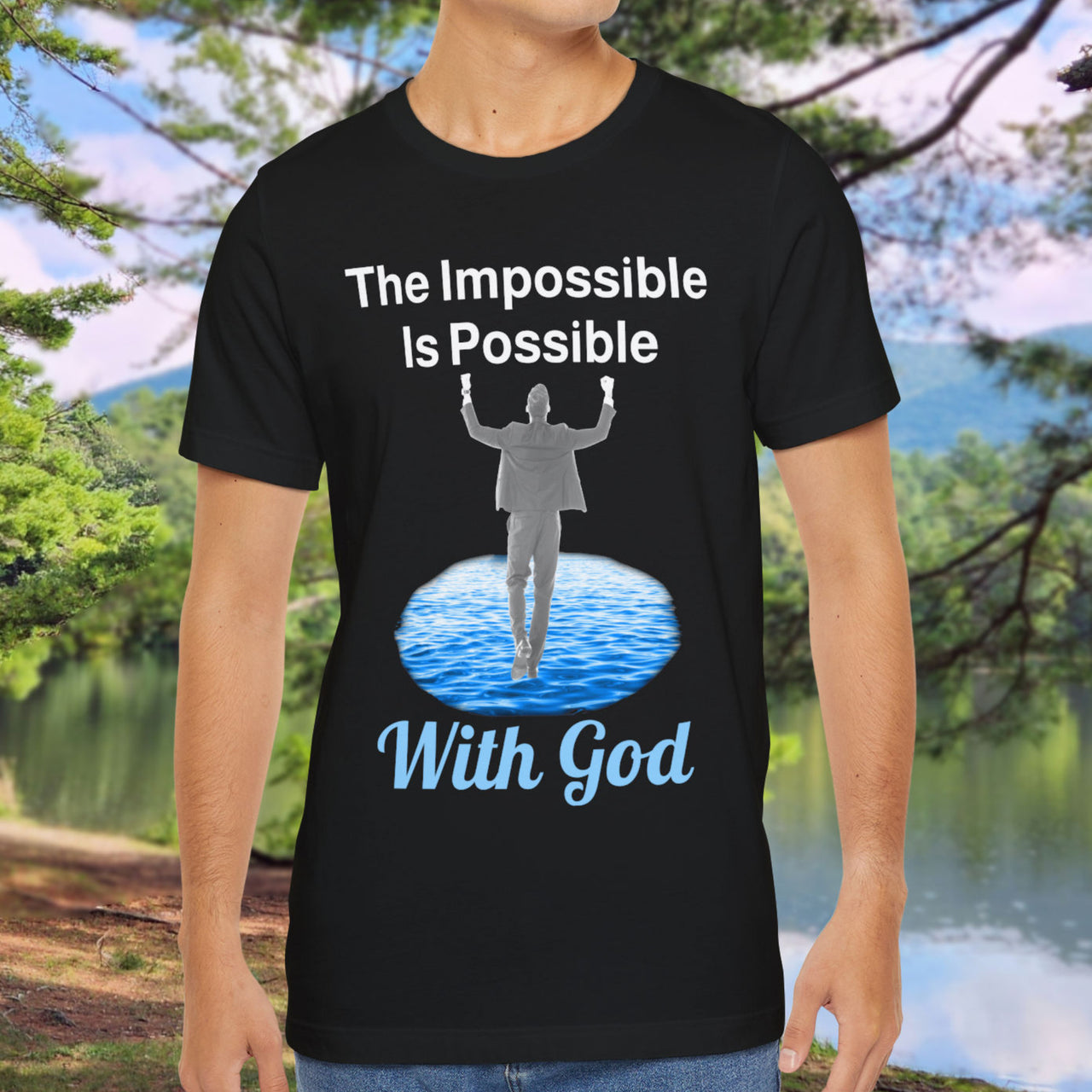 Soft, breathable Bella+Canvas t-shirt made from preshrunk cotton with “Impossible Man” design message, “The Impossible Is Possible with God,” inspirational shirt encouraging bold faith to step out and follow God into the impossible, man in t-shirt - black shirt