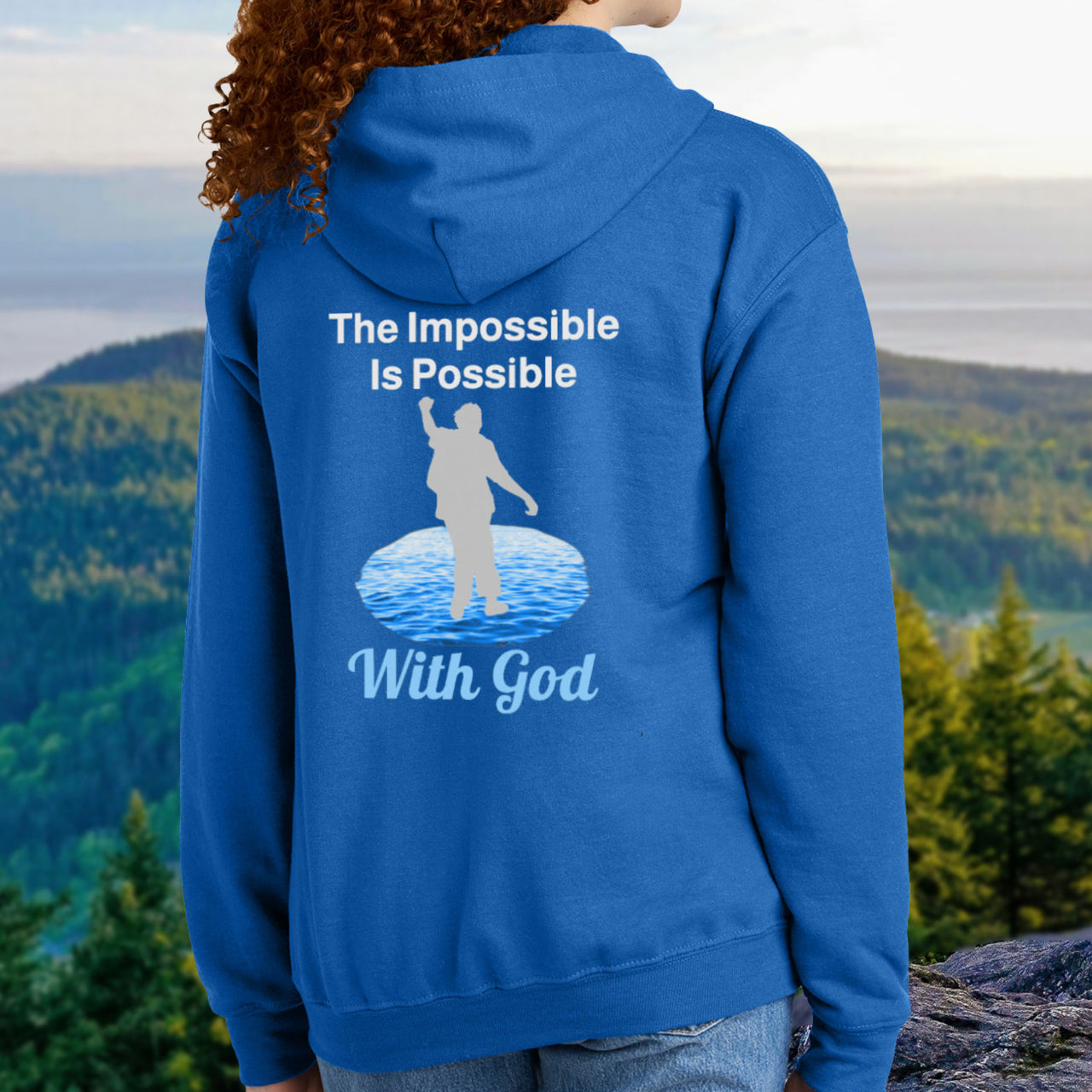 Gildan youth zip-up hoodie with “Impossible Teen” design featuring a teen walking on water and uplifting message, Christian apparel made from soft preshrunk fleece, perfect for cold weather and spiritual encouragement, teen in blue hoodie