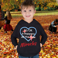 Rabbit Skins toddler fleece hoodie with “Miracles Happen” design and uplifting message, soft cotton-poly blend, jersey-lined hood, Christian apparel for cozy wear and faith-filled gifting, toddler boy in black hoodie