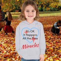 Rabbit Skins toddler fleece hoodie with “Miracles Happen” design and uplifting message, soft cotton-poly blend, jersey-lined hood, Christian apparel for cozy wear and faith-filled gifting, toddler girl in gray hoodie