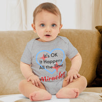 Bella+Canvas baby onesie with “Miracles Happen” design and uplifting message, soft cotton, envelope neck and snap closure, Christian apparel for infants and family matching, baby boy in gray onesie