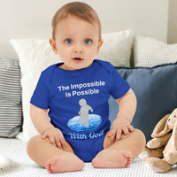 Bella+Canvas baby onesie with “Impossible Baby” design and faith-filled message, soft cotton, envelope neck and snap closure, Christian apparel for infants and spiritual encouragement, baby boy in blue onesie