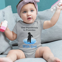 Bella+Canvas baby onesie with “Impossible Baby” design and faith-filled message, soft cotton, envelope neck and snap closure, Christian apparel for infants and spiritual encouragement, baby girl in gray onesie