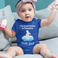 Bella+Canvas baby onesie with “Impossible Baby” design and faith-filled message, soft cotton, envelope neck and snap closure, Christian apparel for infants and spiritual encouragement, baby girl in blue onesie