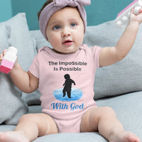 Bella+Canvas baby onesie with “Impossible Baby” design and faith-filled message, soft cotton, envelope neck and snap closure, Christian apparel for infants and spiritual encouragement, baby girl in pink onesie