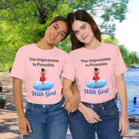 Soft, breathable Bella+Canvas t-shirt made from preshrunk cotton with “Impossible Woman” design message, “The Impossible Is Possible with God,” inspirational shirt encouraging bold obedience and faith-filled movement with God, friends in matching pink t-shirts