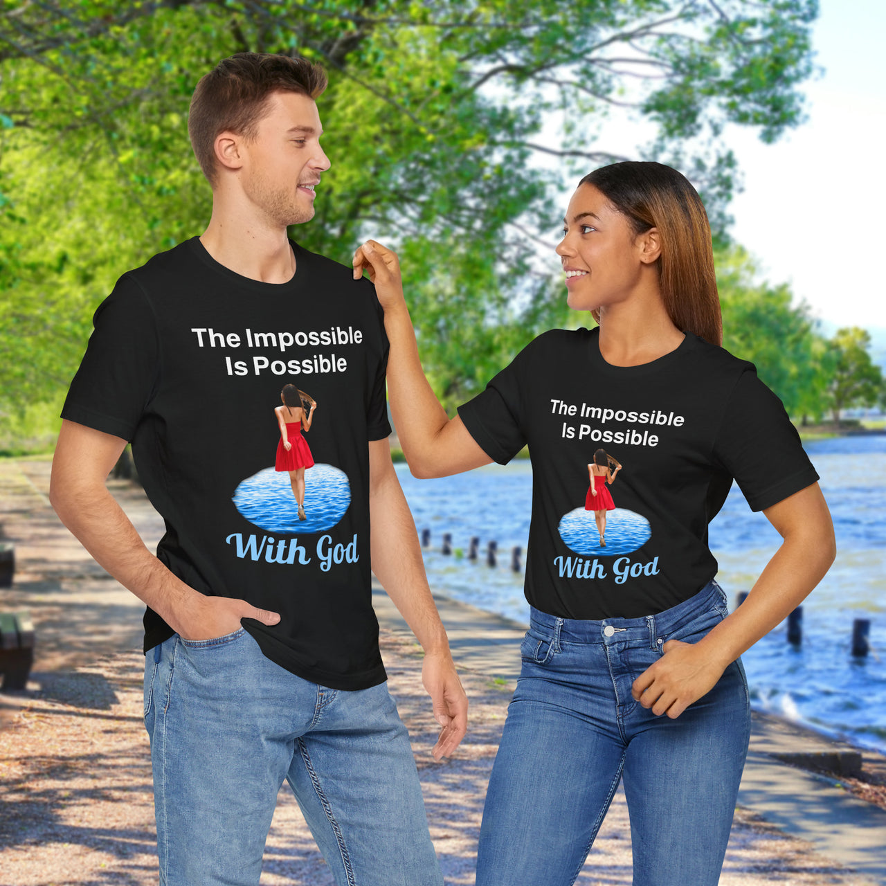Soft, breathable Bella+Canvas t-shirt made from preshrunk cotton with “Impossible Woman” design message, “The Impossible Is Possible with God,” inspirational shirt encouraging bold obedience and faith-filled movement with God, couple in matching black t-shirts