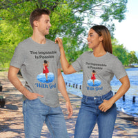 Soft, breathable Bella+Canvas t-shirt made from preshrunk cotton with “Impossible Woman” design message, “The Impossible Is Possible with God,” inspirational shirt encouraging bold obedience and faith-filled movement with God, couple in matching gray t-shirts