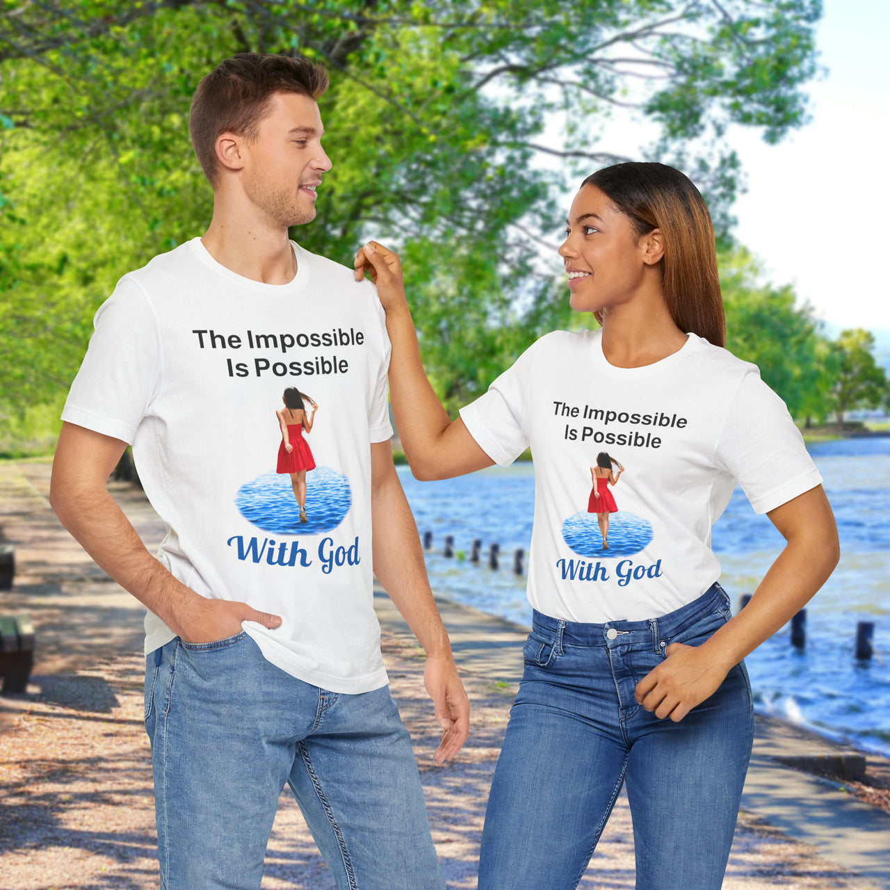 Soft, breathable Bella+Canvas t-shirt made from preshrunk cotton with “Impossible Woman” design message, “The Impossible Is Possible with God,” inspirational shirt encouraging bold obedience and faith-filled movement with God, couple in matching t-shirts