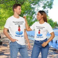 Soft, breathable Bella+Canvas t-shirt made from preshrunk cotton with “Impossible Woman” design message, “The Impossible Is Possible with God,” inspirational shirt encouraging bold obedience and faith-filled movement with God, couple in matching t-shirts