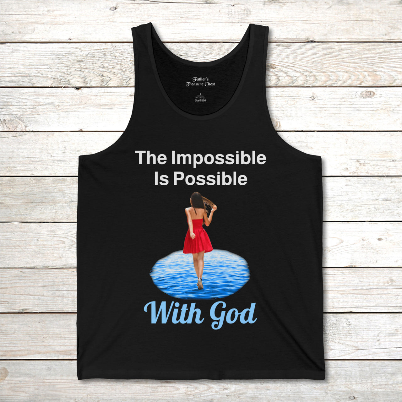 Lightweight Bella+Canvas tank top made from preshrunk cotton with “Impossible Woman” design message, “The Impossible Is Possible with God,” inspirational apparel encouraging women to walk in step with God who makes our impossible dreams become real, front of black tank top