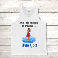 Lightweight Bella+Canvas tank top made from preshrunk cotton with “Impossible Woman” design message, “The Impossible Is Possible with God,” inspirational apparel encouraging women to walk in step with God who makes our impossible dreams become real, front of white tank top