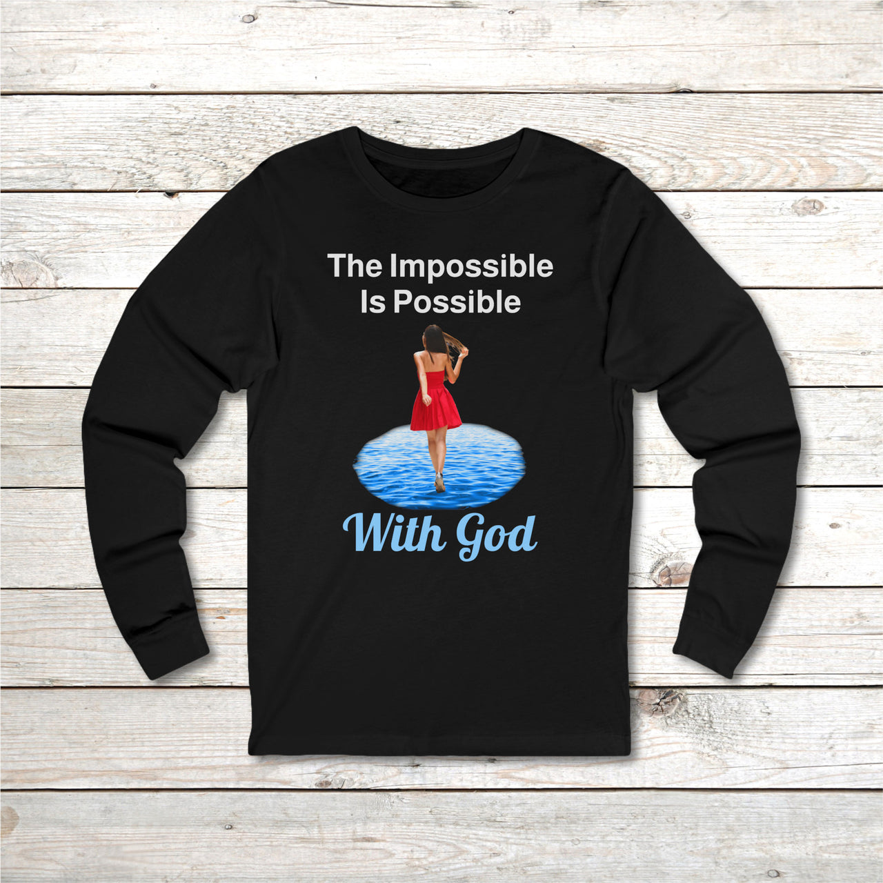 Long-sleeve Bella+Canvas t-shirt made from preshrunk ring-spun cotton with “Impossible Woman” design message, “The Impossible Is Possible with God,” inspirational apparel encouraging women to walk freely in God's incredible ways, front black long-sleeve t-shirt