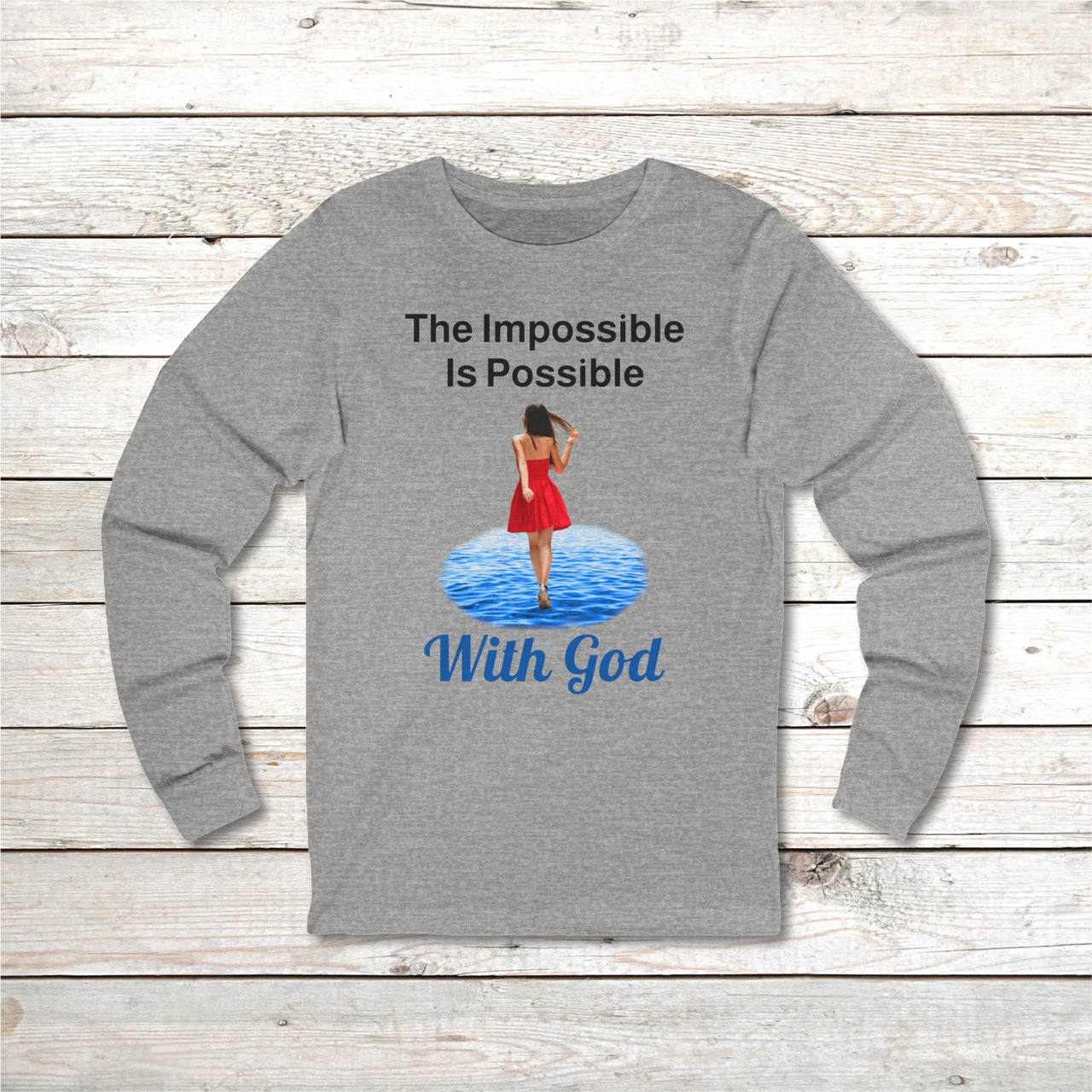 Long-sleeve Bella+Canvas t-shirt made from preshrunk ring-spun cotton with “Impossible Woman” design message, “The Impossible Is Possible with God,” inspirational apparel encouraging women to walk freely in God's incredible ways, front gray long-sleeve t-shirt