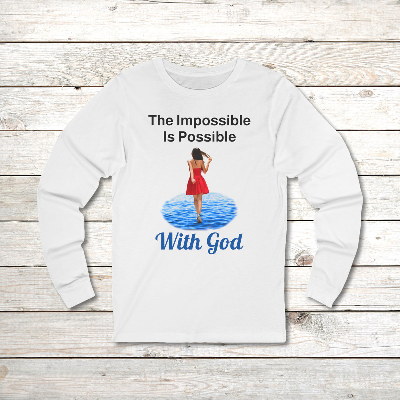 Long-sleeve Bella+Canvas t-shirt made from preshrunk ring-spun cotton with “Impossible Woman” design message, “The Impossible Is Possible with God,” inspirational apparel encouraging women to walk freely in God's incredible ways, front white long-sleeve t-shirt