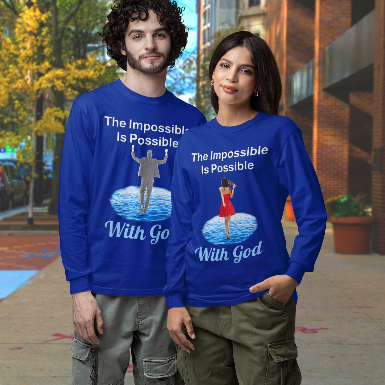 Long-sleeve Bella+Canvas t-shirt made from preshrunk ring-spun cotton with “Impossible Woman” design message, “The Impossible Is Possible with God,” inspirational apparel encouraging women to walk freely in God's incredible ways, couple wearing blue long-sleeve t-shirt
