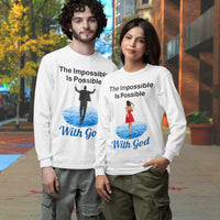 Long-sleeve Bella+Canvas t-shirt made from preshrunk ring-spun cotton with “Impossible Woman” design message, “The Impossible Is Possible with God,” inspirational apparel encouraging women to walk freely in God's incredible ways, couple wearing white long-sleeve t-shirt
