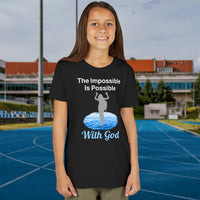Bella+Canvas youth unisex t-shirt with “Impossible Girl” design featuring a girl walking on water and uplifting message, Christian apparel made from soft cotton, ideal for active wear and faith-forward style, 2nd girl in black t-shirt