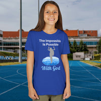 Bella+Canvas youth unisex t-shirt with “Impossible Girl” design featuring a girl walking on water and uplifting message, Christian apparel made from soft cotton, ideal for active wear and faith-forward style, 2nd girl in blue t-shirt
