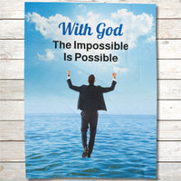 Faith-based plush blanket with “Impossible Man” design, man walking on water,  inspirational message 