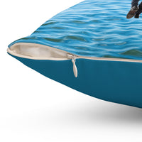 Reversible Throw Pillow, Walk on Water Man - Sea Blue Back