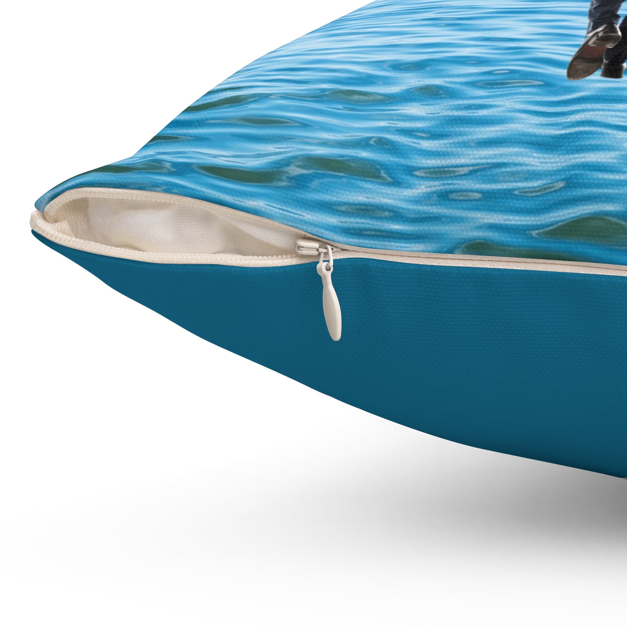 Reversible Throw Pillow, Walk on Water Man - Sea Blue Back