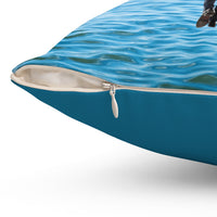 Reversible Throw Pillow, Walk on Water Man - Sea Blue Back
