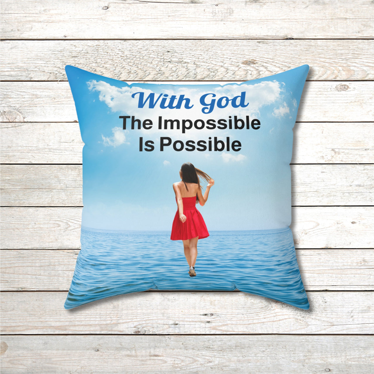 Inspirational throw pillow with “Impossible Woman” design, woman walking on water, spiritual message "With God, The Impossible Is Possible," faith-based home décor, reversible with sea blue back, spun polyester, 4 sizes, 18x8 front