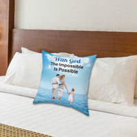 Faith-based throw pillow with “Impossible Family” design, family walking on water with message 