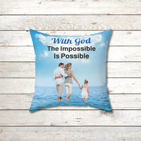Faith-based throw pillow with “Impossible Family” design, family walking on water with message 