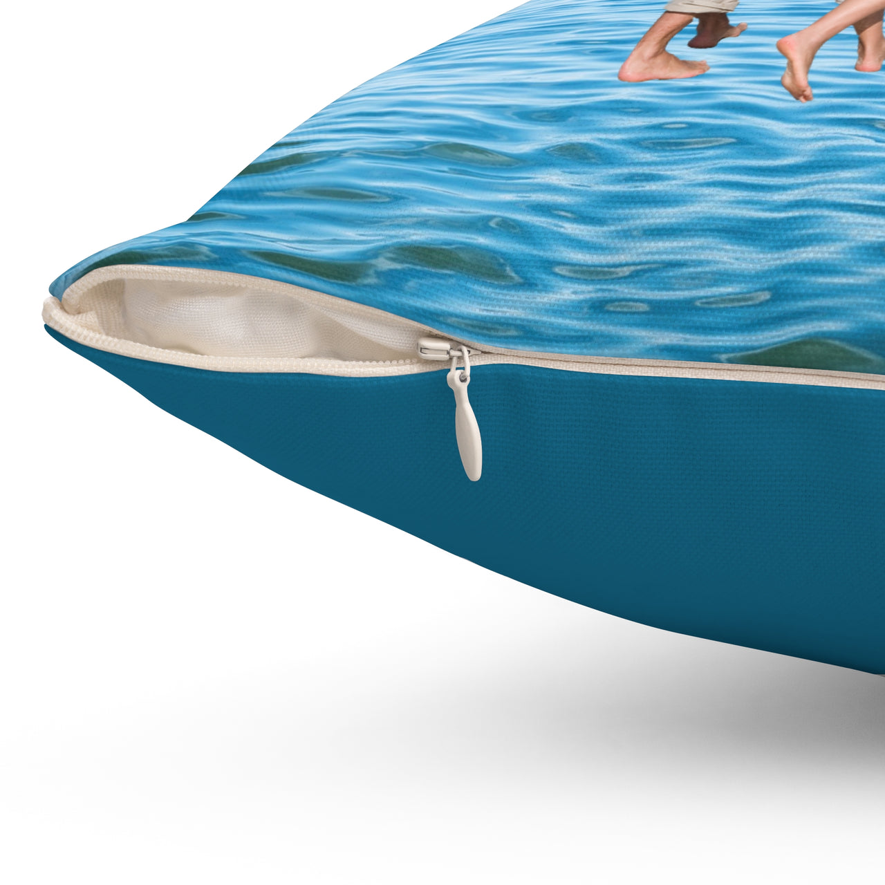 Reversible Throw Pillow, Walk on Water Family - Sea Blue Back