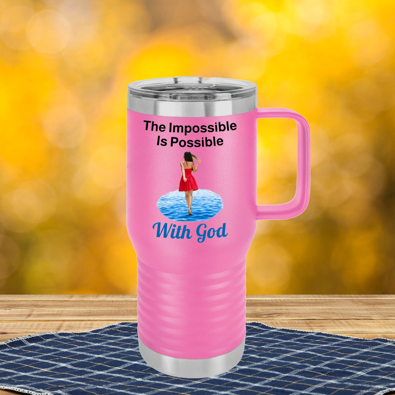 20oz faith-based travel mug with “Impossible Woman” design message "The Impossible Is Possible with God," inspirational tumbler for women, stainless steel, leak-proof, double-wall insulated, pink