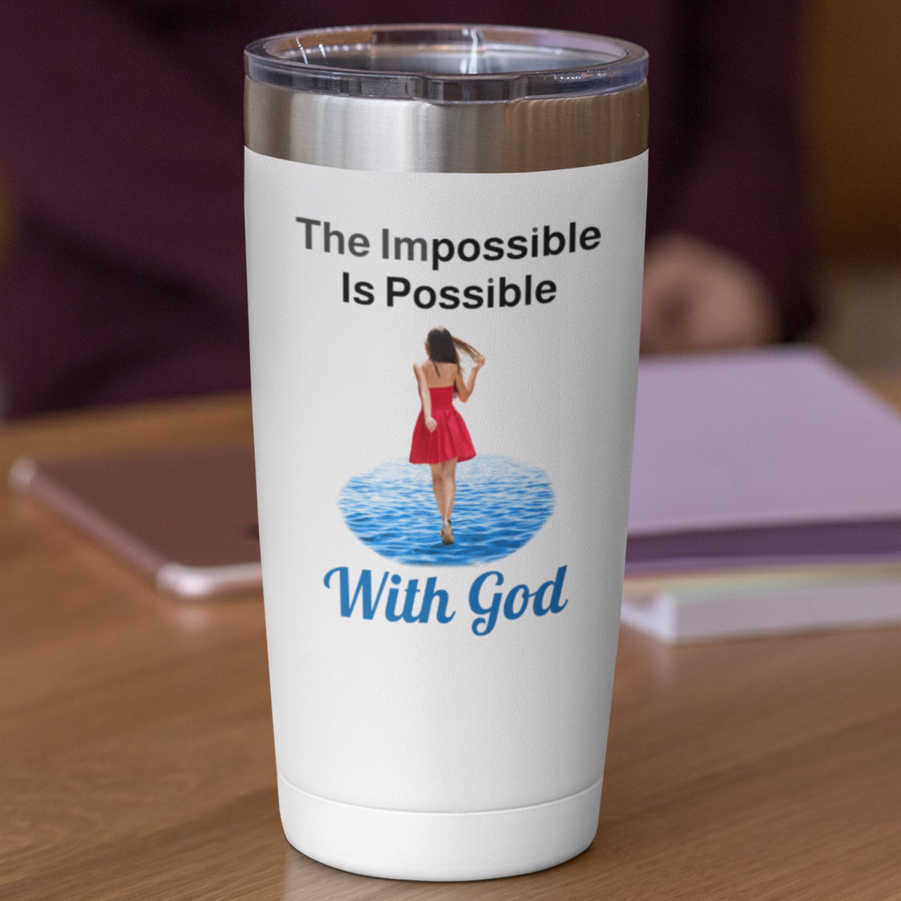 20oz faith-based stainless steel tumbler with "Impossible Woman" design, inspirational message “The Impossible Is Possible with God,” leak-proof lid, spiritual drinkware for women of purpose, white tumbler