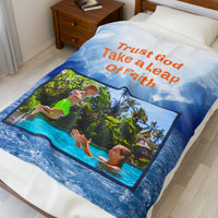 Plush velveteen blanket with “Leap of Faith” design, child jumping into pool, inspirational message 