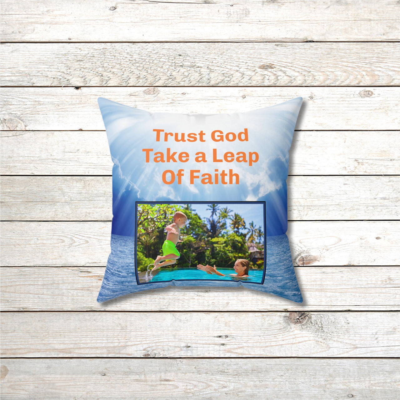 Inspirational throw pillow with “Leap of Faith” design, child jumping into pool, faith-based message "Trust God, Take a Leap of Faith," faith-based home décor, reversible with white or blue back, spun polyester, 4 sizes, 14x14 front