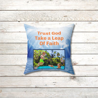 Inspirational throw pillow with “Leap of Faith” design, child jumping into pool, faith-based message 