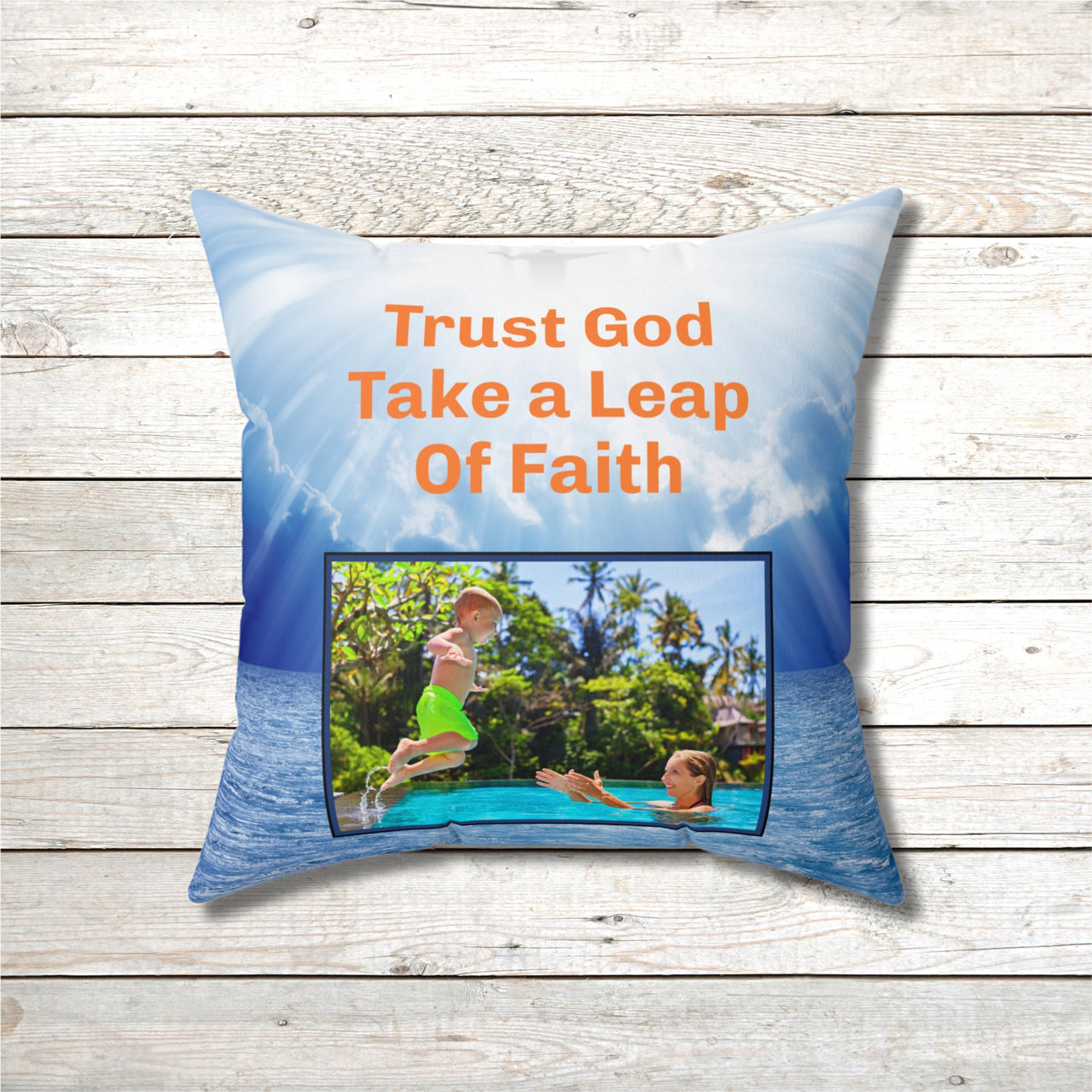 Inspirational throw pillow with “Leap of Faith” design, child jumping into pool, faith-based message "Trust God, Take a Leap of Faith," faith-based home décor, reversible with white or blue back, spun polyester, 4 sizes, 18x18 front