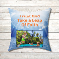 Inspirational throw pillow with “Leap of Faith” design, child jumping into pool, faith-based message 