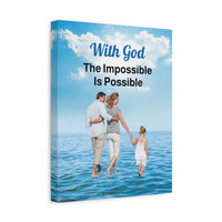 Canvas wall art with “Impossible Family” design, family walking on water with the message 